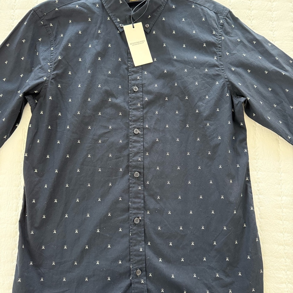 Men's Navy Patterned Blauw Modern Fit Button Down Shirt